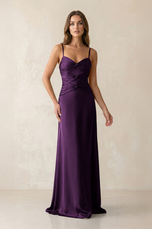 Cami Strap Pleated Sheath Satin Bridesmaid Dress in Plum - KissProm Bridesmaid Dresses