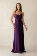 Cami Strap Pleated Sheath Satin Bridesmaid Dress in Plum - KissProm Bridesmaid Dresses
