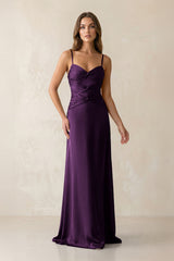 Cami Strap Pleated Sheath Satin Bridesmaid Dress in Plum - KissProm Bridesmaid Dresses