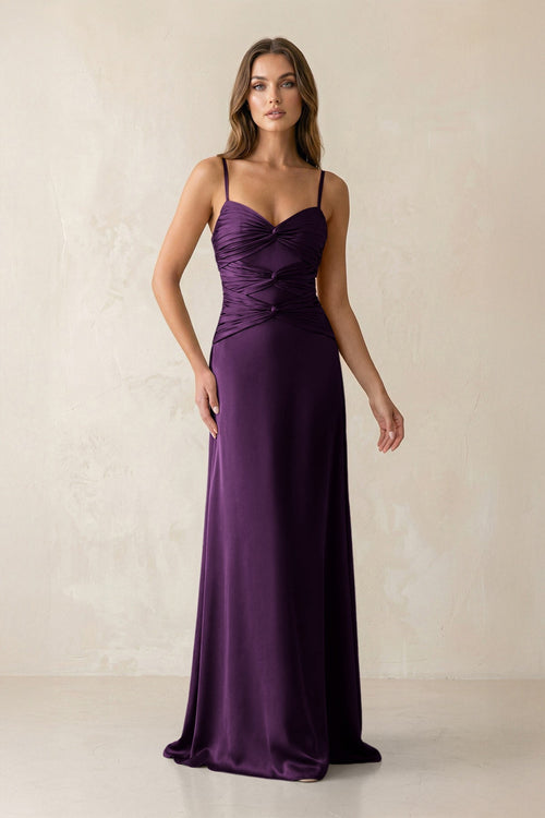 Cami Strap Pleated Sheath Satin Bridesmaid Dress in Plum - KissProm Bridesmaid Dresses
