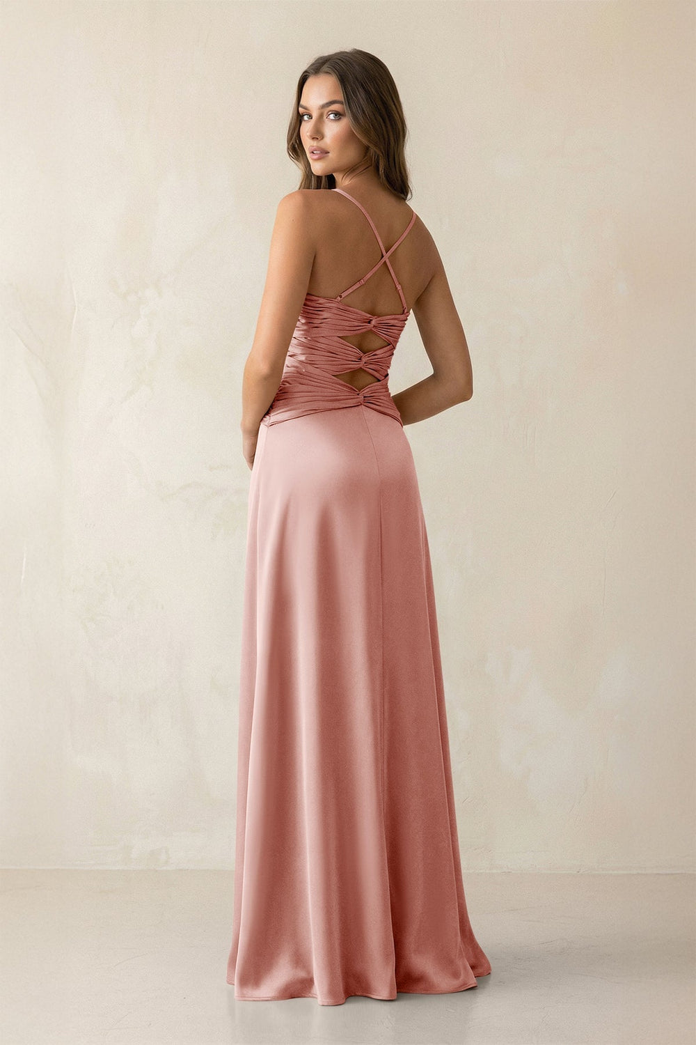 Cami Strap Pleated Sheath Satin Bridesmaid Dress in Rose Petal - KissProm Bridesmaid Dresses