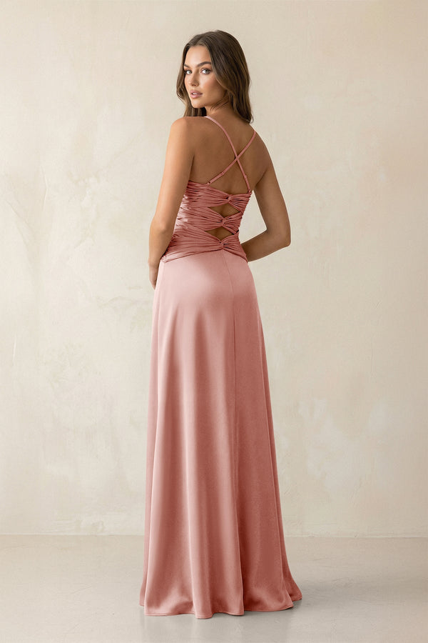 Cami Strap Pleated Sheath Satin Bridesmaid Dress in Rose Petal - KissProm Bridesmaid Dresses