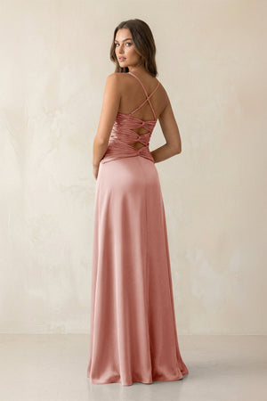 Cami Strap Pleated Sheath Satin Bridesmaid Dress in Rose Petal - KissProm Bridesmaid Dresses