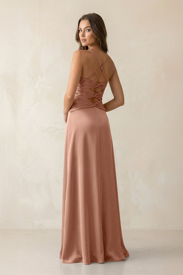 Cami Strap Pleated Sheath Satin Bridesmaid Dress in Rosette - KissProm Bridesmaid Dresses