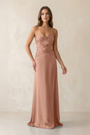 Cami Strap Pleated Sheath Satin Bridesmaid Dress in Rosette - KissProm Bridesmaid Dresses