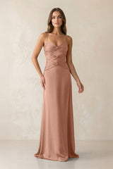 Cami Strap Pleated Sheath Satin Bridesmaid Dress in Rosette - KissProm Bridesmaid Dresses