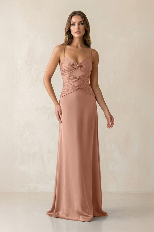 Cami Strap Pleated Sheath Satin Bridesmaid Dress in Rosette - KissProm Bridesmaid Dresses