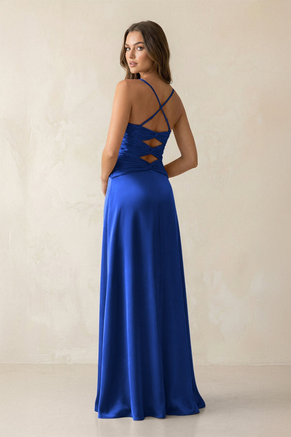 Cami Strap Pleated Sheath Satin Bridesmaid Dress in Royal Blue - KissProm Bridesmaid Dresses
