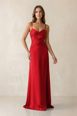Cami Strap Pleated Sheath Satin Bridesmaid Dress in Ruby Red - KissProm Bridesmaid Dresses