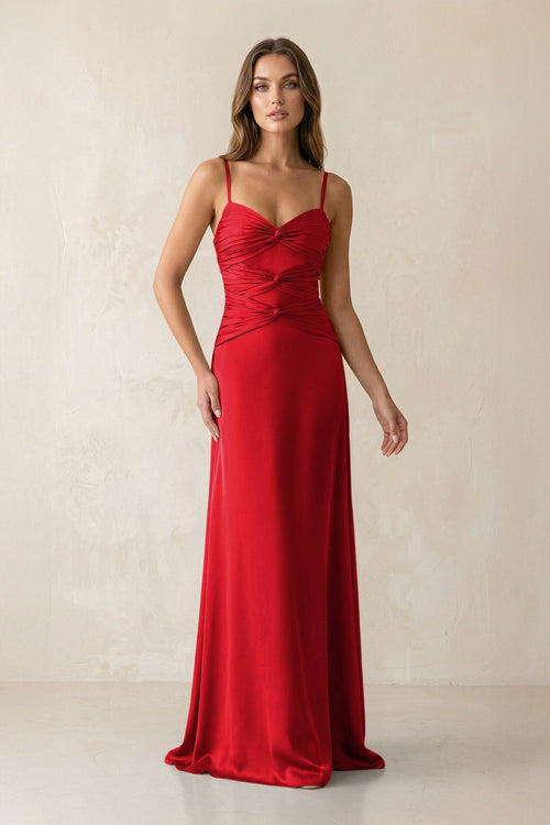 Cami Strap Pleated Sheath Satin Bridesmaid Dress in Ruby Red - KissProm Bridesmaid Dresses