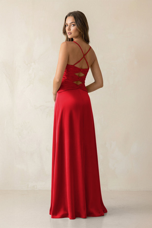 Cami Strap Pleated Sheath Satin Bridesmaid Dress in Ruby Red - KissProm Bridesmaid Dresses