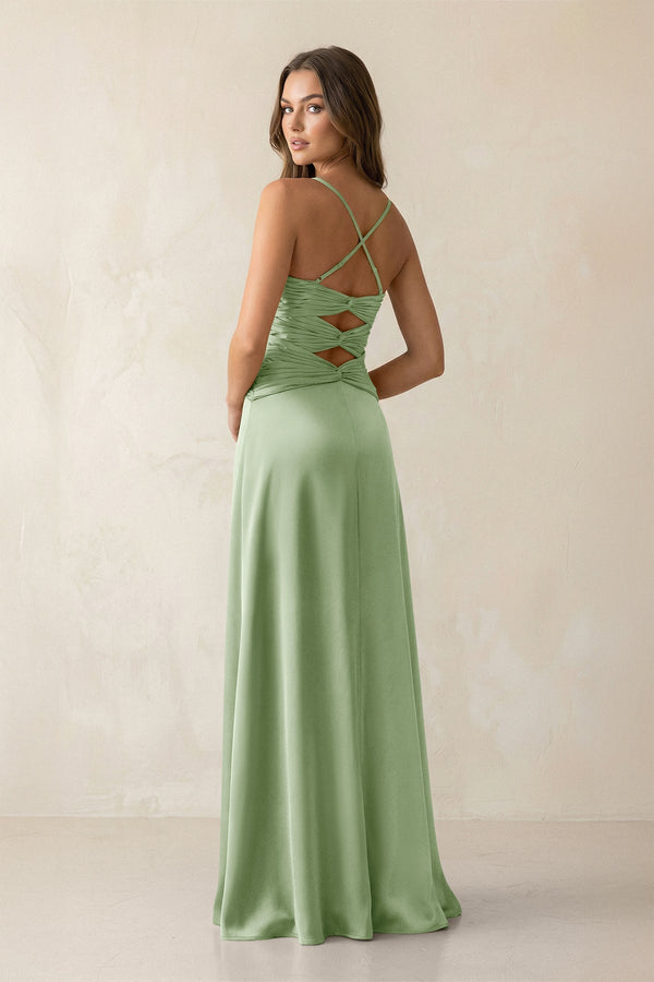 Cami Strap Pleated Sheath Satin Bridesmaid Dress in Sage - KissProm Bridesmaid Dresses