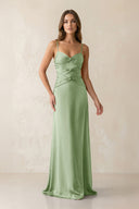 Cami Strap Pleated Sheath Satin Bridesmaid Dress in Sage - KissProm Bridesmaid Dresses