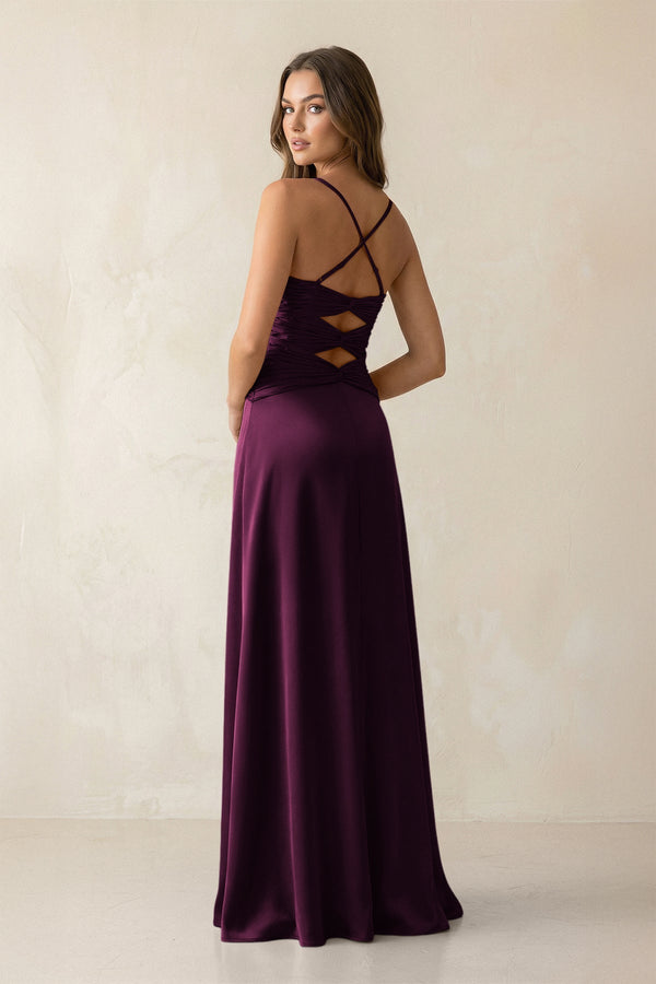 Cami Strap Pleated Sheath Satin Bridesmaid Dress in Sangria - KissProm Bridesmaid Dresses
