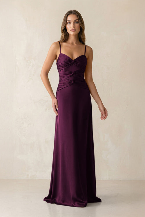 Cami Strap Pleated Sheath Satin Bridesmaid Dress in Sangria - KissProm Bridesmaid Dresses