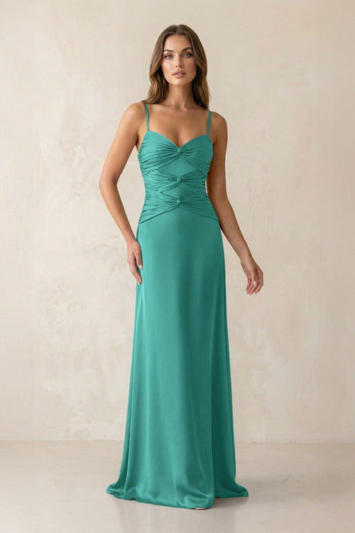 Cami Strap Pleated Sheath Satin Bridesmaid Dress in Sea Glass - KissProm Bridesmaid Dresses