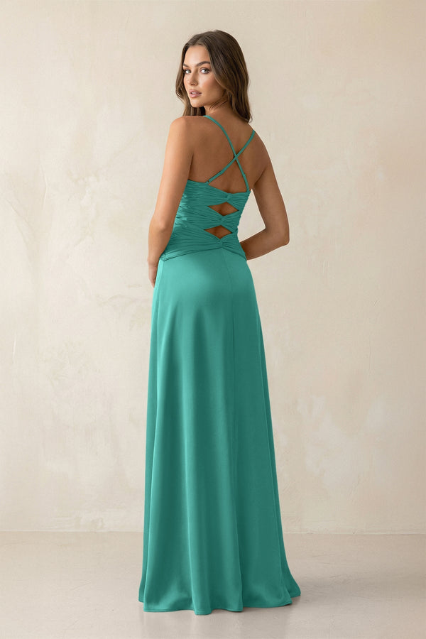 Cami Strap Pleated Sheath Satin Bridesmaid Dress in Sea Glass - KissProm Bridesmaid Dresses