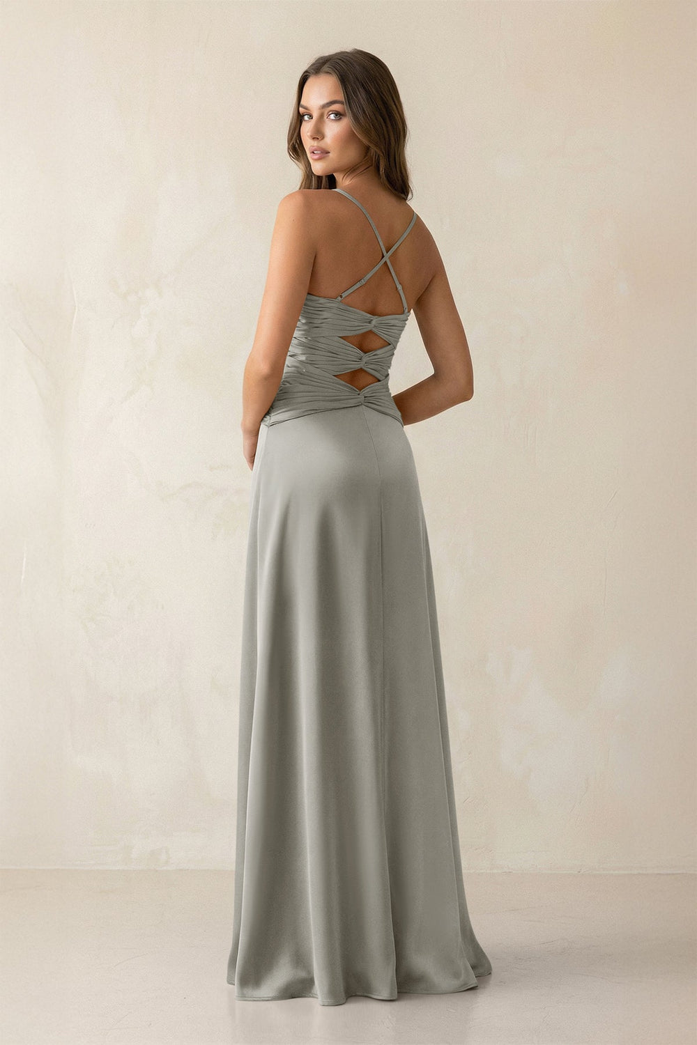 Cami Strap Pleated Sheath Satin Bridesmaid Dress in Silver - KissProm Bridesmaid Dresses