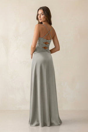 Cami Strap Pleated Sheath Satin Bridesmaid Dress in Silver - KissProm Bridesmaid Dresses
