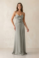 Cami Strap Pleated Sheath Satin Bridesmaid Dress in Silver - KissProm Bridesmaid Dresses