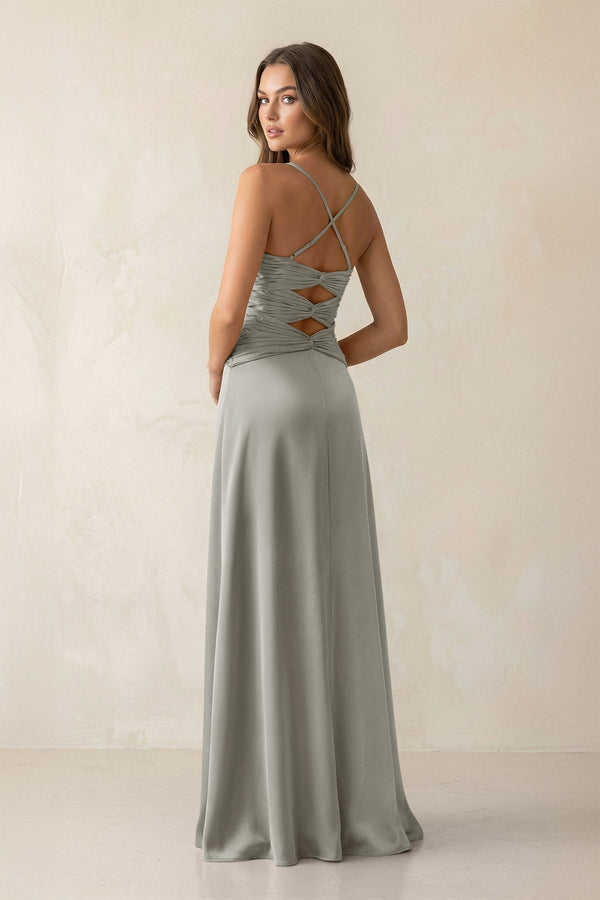 Cami Strap Pleated Sheath Satin Bridesmaid Dress in Silver - KissProm Bridesmaid Dresses