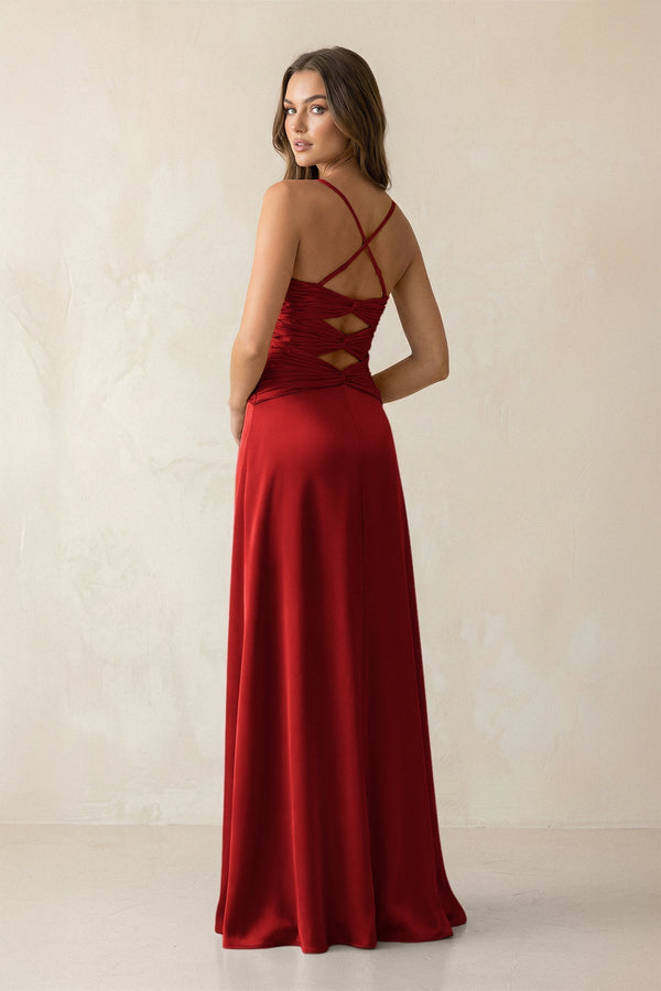 Cami Strap Pleated Sheath Satin Bridesmaid Dress in Spice - KissProm Bridesmaid Dresses