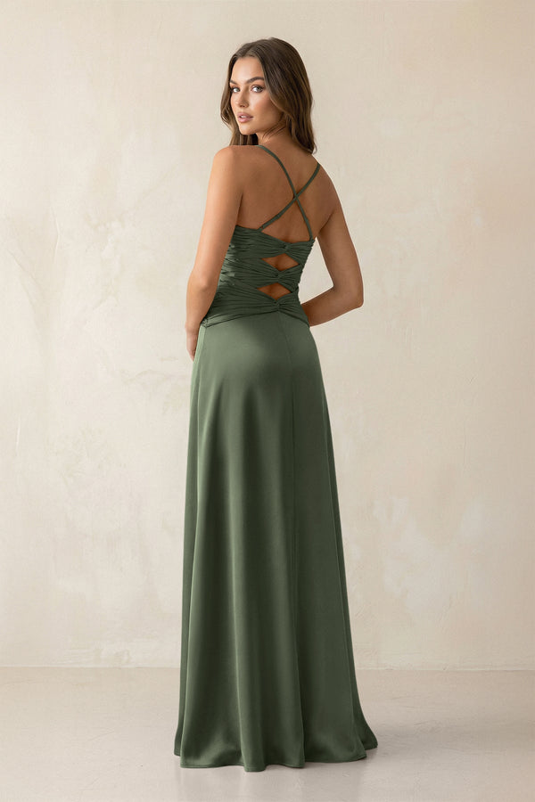Cami Strap Pleated Sheath Satin Bridesmaid Dress in Thyme - KissProm Bridesmaid Dresses