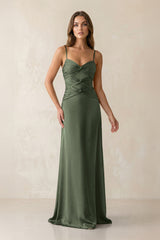 Cami Strap Pleated Sheath Satin Bridesmaid Dress in Thyme - KissProm Bridesmaid Dresses