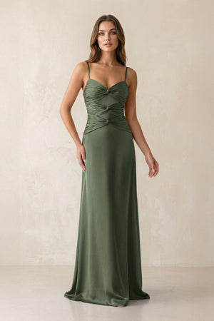 Cami Strap Pleated Sheath Satin Bridesmaid Dress in Thyme - KissProm Bridesmaid Dresses