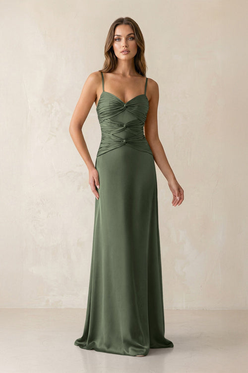 Cami Strap Pleated Sheath Satin Bridesmaid Dress in Thyme - KissProm Bridesmaid Dresses
