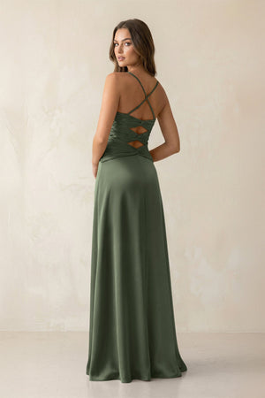 Cami Strap Pleated Sheath Satin Bridesmaid Dress in Thyme - KissProm Bridesmaid Dresses