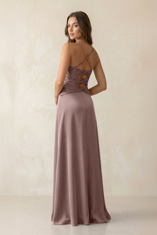 Cami Strap Pleated Sheath Satin Bridesmaid Dress in Toffee - KissProm Bridesmaid Dresses