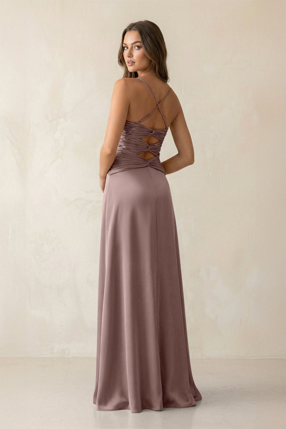 Cami Strap Pleated Sheath Satin Bridesmaid Dress in Toffee - KissProm Bridesmaid Dresses