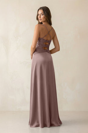 Cami Strap Pleated Sheath Satin Bridesmaid Dress in Toffee - KissProm Bridesmaid Dresses
