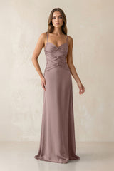 Cami Strap Pleated Sheath Satin Bridesmaid Dress in Toffee - KissProm Bridesmaid Dresses