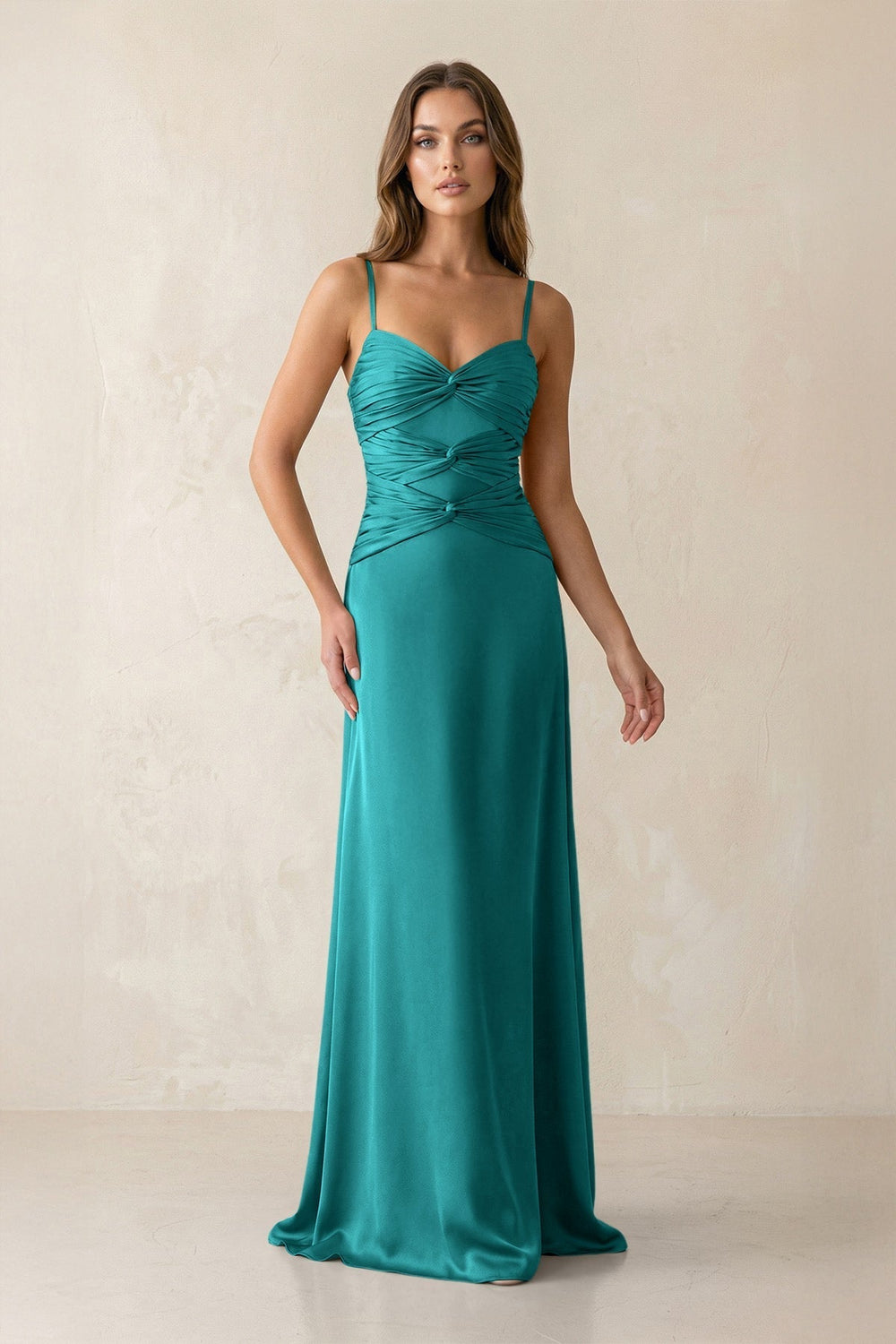 Cami Strap Pleated Sheath Satin Bridesmaid Dress in Turquoise - KissProm Bridesmaid Dresses