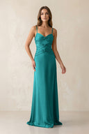 Cami Strap Pleated Sheath Satin Bridesmaid Dress in Turquoise - KissProm Bridesmaid Dresses