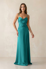 Cami Strap Pleated Sheath Satin Bridesmaid Dress in Turquoise - KissProm Bridesmaid Dresses