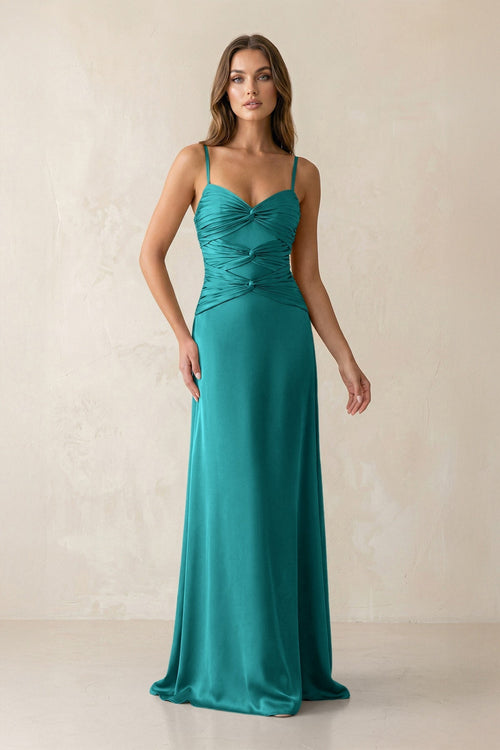 Cami Strap Pleated Sheath Satin Bridesmaid Dress in Turquoise - KissProm Bridesmaid Dresses