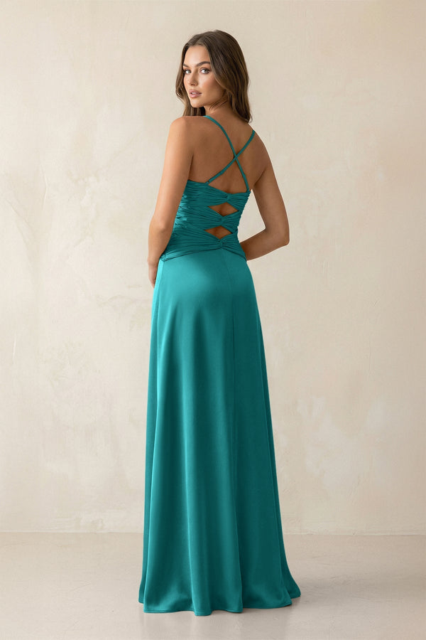 Cami Strap Pleated Sheath Satin Bridesmaid Dress in Turquoise - KissProm Bridesmaid Dresses