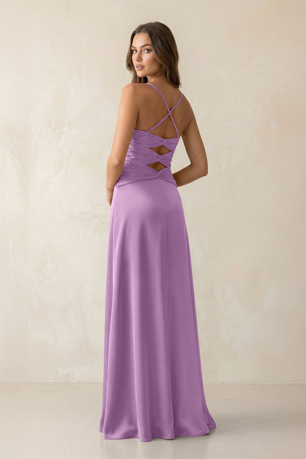 Cami Strap Pleated Sheath Satin Bridesmaid Dress in Vintage Mauve - KissProm Bridesmaid Dresses