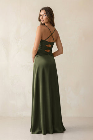 Cami Strap Pleated Sheath Satin Bridesmaid Dress in Willow Green - KissProm Bridesmaid Dresses