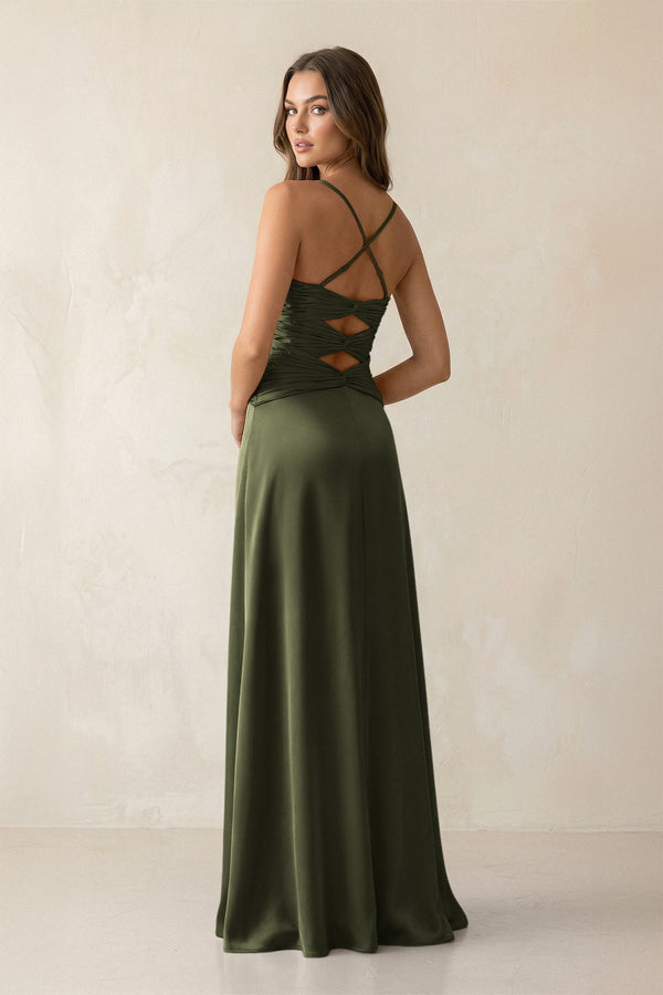 Cami Strap Pleated Sheath Satin Bridesmaid Dress in Willow Green - KissProm Bridesmaid Dresses