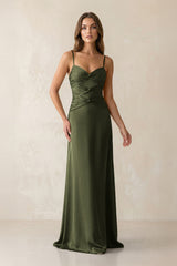 Cami Strap Pleated Sheath Satin Bridesmaid Dress in Willow Green - KissProm Bridesmaid Dresses