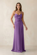 Cami Strap Pleated Sheath Satin Bridesmaid Dress in Wisteria - KissProm Bridesmaid Dresses