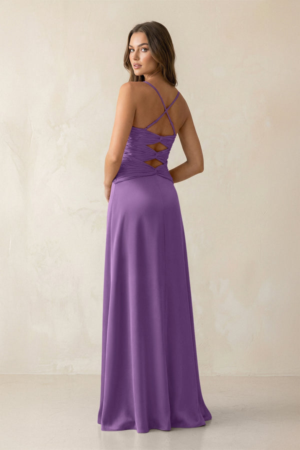 Cami Strap Pleated Sheath Satin Bridesmaid Dress in Wisteria - KissProm Bridesmaid Dresses