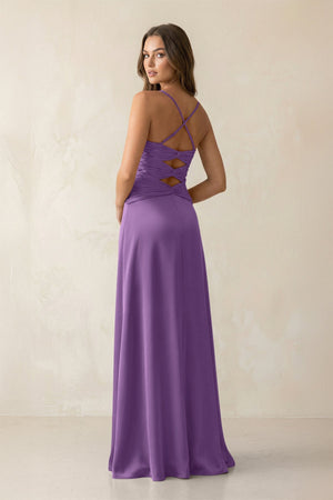 Cami Strap Pleated Sheath Satin Bridesmaid Dress in Wisteria - KissProm Bridesmaid Dresses