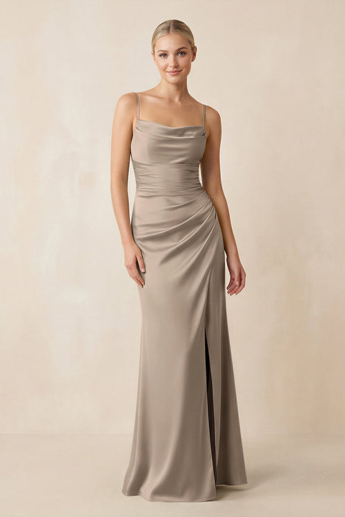 Cami Strap Ruched Satin Sheath Bridesmaid Dress in Almond - KissProm Bridesmaid Dresses