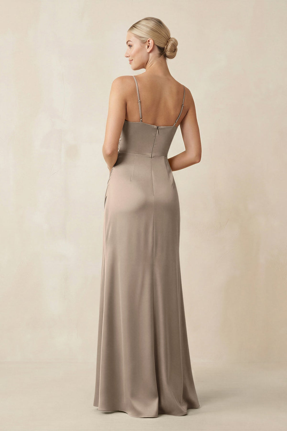 Cami Strap Ruched Satin Sheath Bridesmaid Dress in Almond - KissProm Bridesmaid Dresses