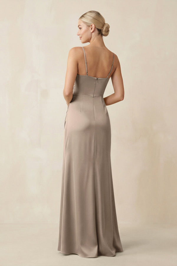 Cami Strap Ruched Satin Sheath Bridesmaid Dress in Almond - KissProm Bridesmaid Dresses
